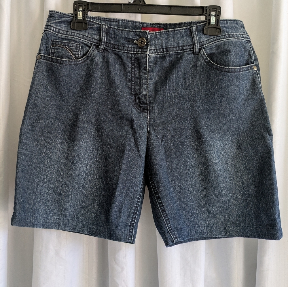 Contrast Blue Denim Jean Shorts Mid-Rise Embroidered Casual Cabincore 10P Petite